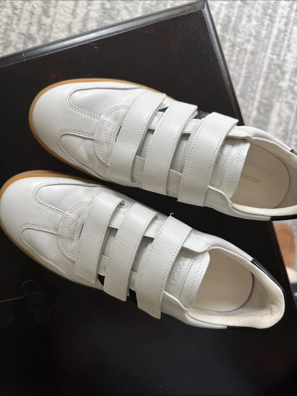 Veronica Beard White Leather Velcro Strap Sneakers with Black Heel Detail